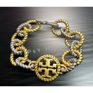 TORY BURCH Gold and Silver Rope Chain Link Bracelet With Toggle Clasp